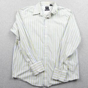 Barneys New York Contour Button Up Shirt Mens L Yellow Blue Striped Long Sleeve